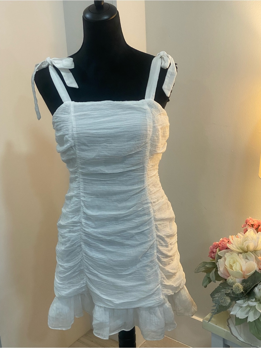 MINKPINK White Ruched Tie-Shoulder Mini Dress